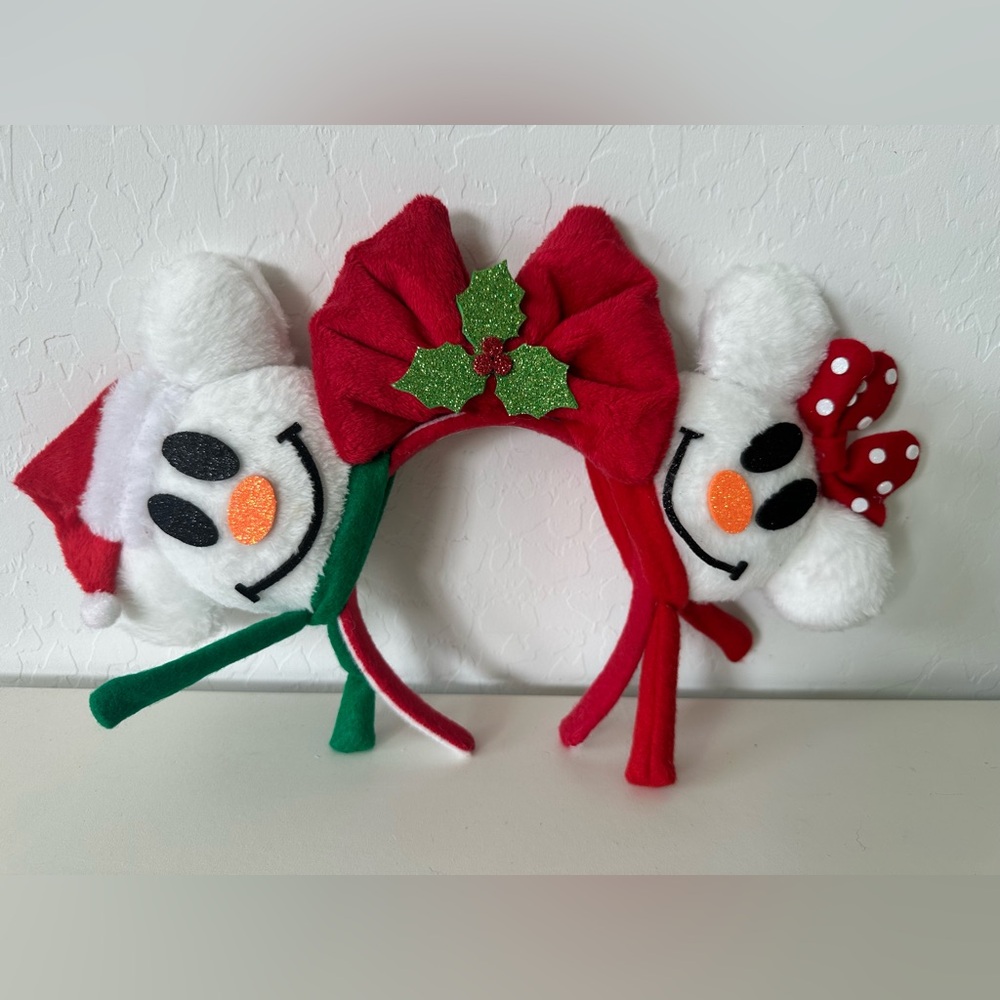 Custom Made Holiday Christmas Disney Minnie & Mickey Snowmen Mouse Ears Headband